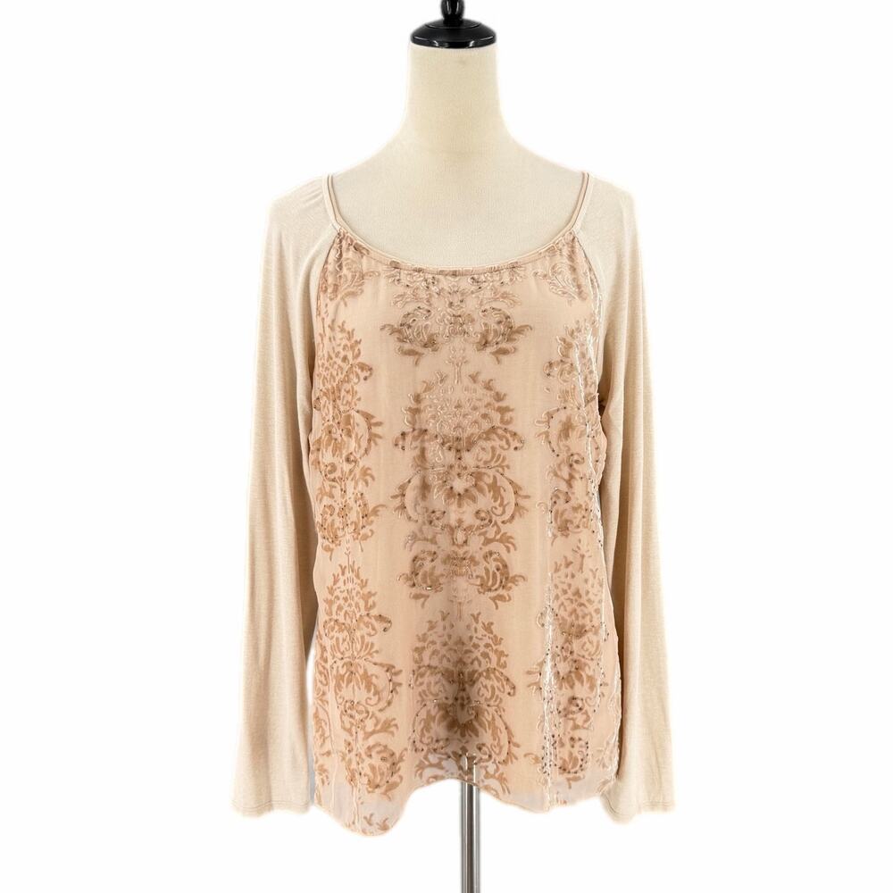 Hale Bob Neutral Cream Velvet Beaded Fairycore Fall Silk Blend Damask Blouse Top